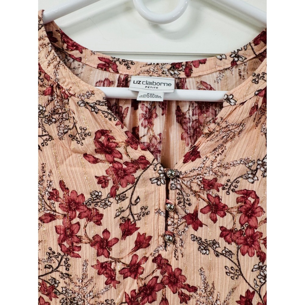 Liz Claiborne Petite PXL Floral Blouse Pink Gold Metallic Stripe Long Sleeve Top - Picture 5 of 7